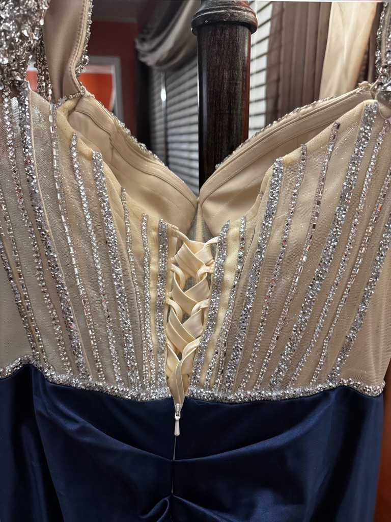 Beaded Navy And Champagne Prom Dress With Lace-Up Bodice